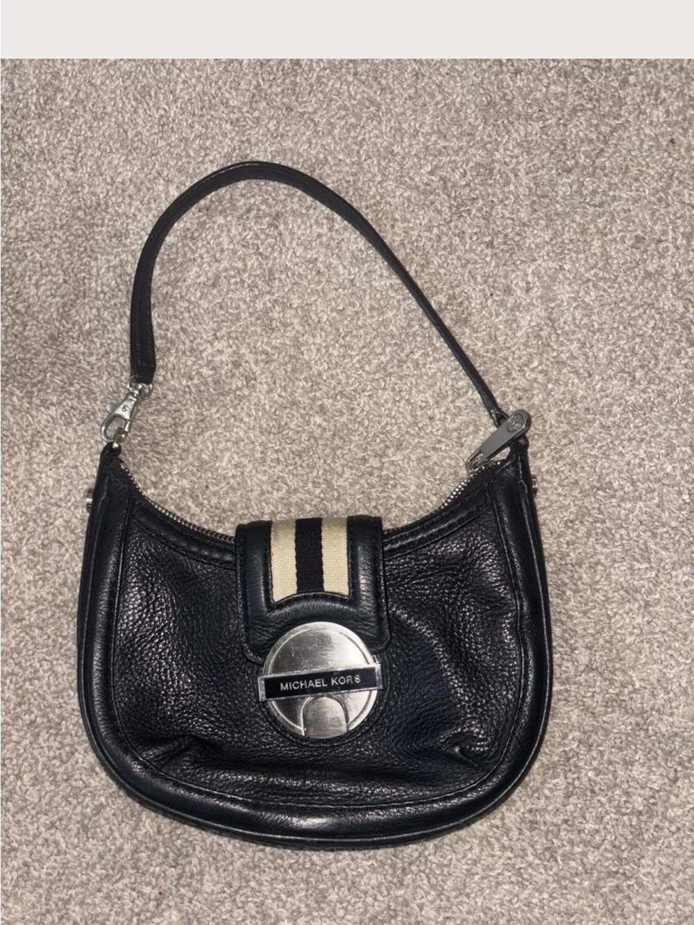 Michael Kors Black Leather Shoulder Bag with Cream and Black Stripe